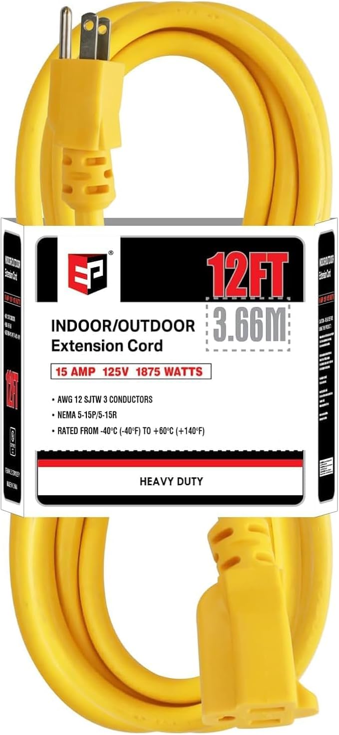 EP 12/3 12 FT Indoor Outdoor Yellow Extension Cord Waterproof, 12 Gauge 3 Prong Power Cord Flexible Resistant Appliance Extension Cable Electric Cable Outside, 15A 1875W 12AWG SJTW, ETL Listed