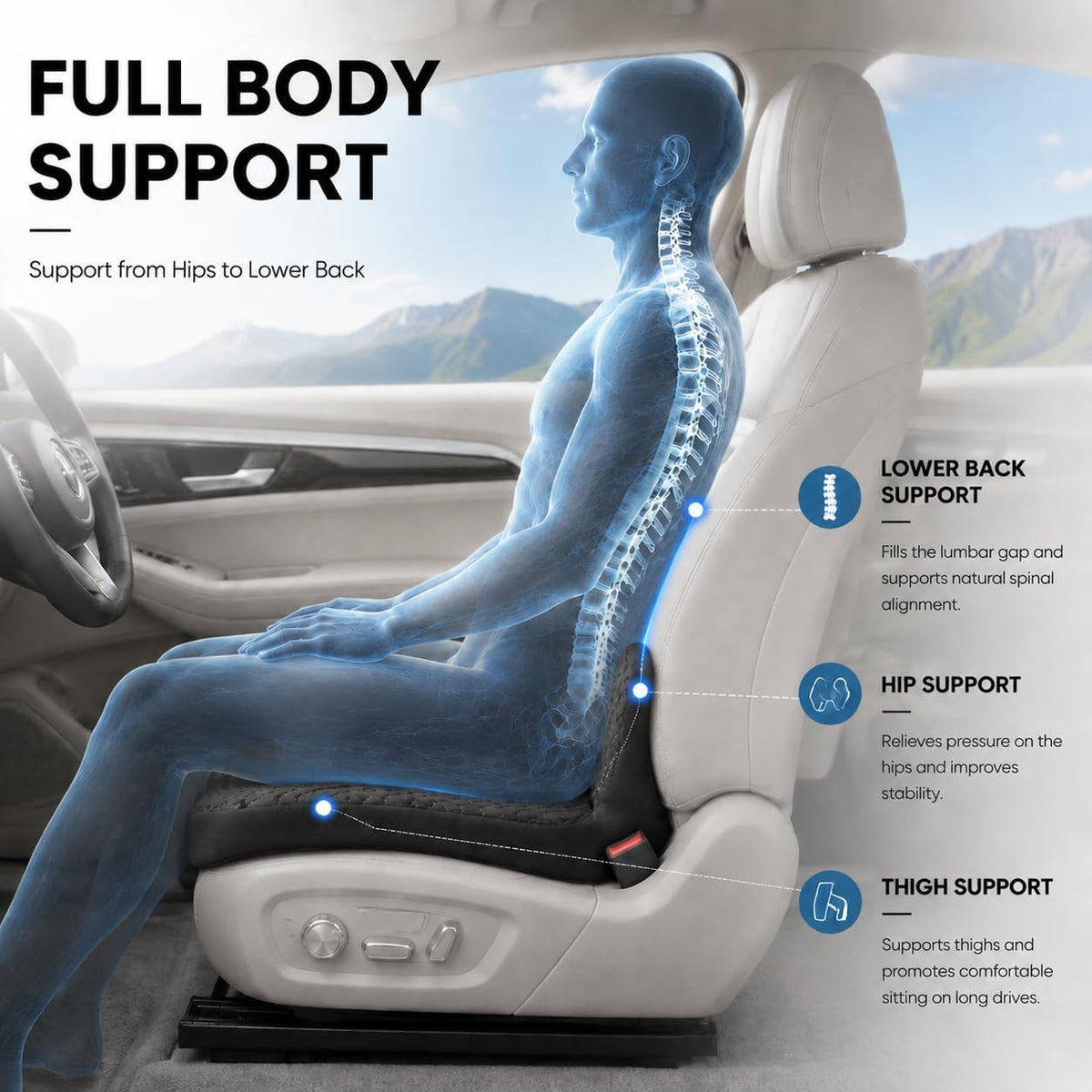Car Seat Cushion with Integrated Lumbar Support, Memory Foam Pain Relief | Gap-Filling Design, Breathable Mesh Cover, Elevated Seating, Ergonomic Support for Driving Comfort and Long Trips