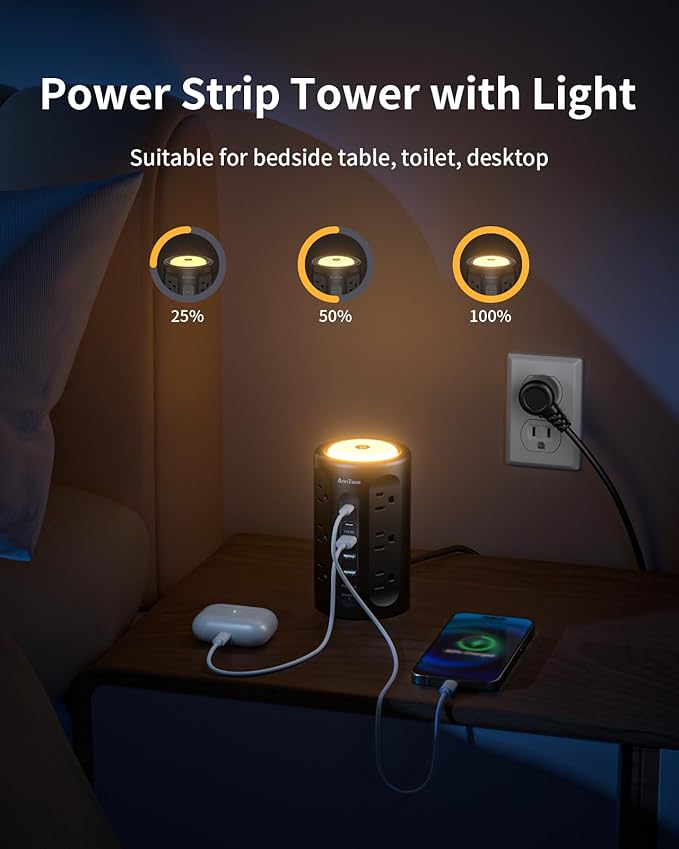 AnnTane Power Strip Tower with Night Light, Power Strip Surge Protector with USB Ports, Extension Cord 10 FT with Multiple Outlets (12AC+3A+2C) for Home Office Desk DormRoom (Black)