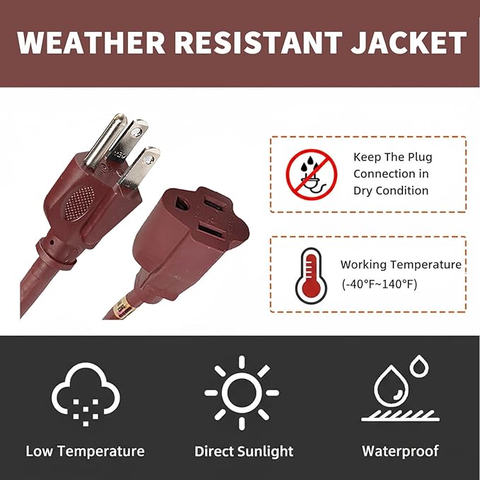 15FT Brown Outdoor Extension Cord-16/3 SJTW Durable Extension Cord for Christmas Lights with 3 Prong Grounded Plug, Great for Outside Christmas Decorations