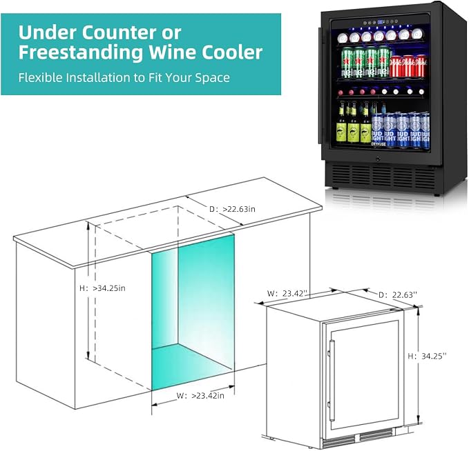 Beverage Refrigerator 24 Inch, 180 Can Drink Fridge with Glass Door, Under Counter or Freestanding Beverage Cooler for Soda, Beer, Wine – Quiet Cooling for Kitchen, Bar, Office, Black
