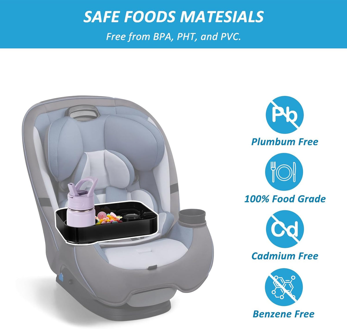 Car Seat Snack Tray for Toddlers, Reduces Mess Square Travel Tray Cup Holder Snack Tray, Durable Car Food Tray for Kids, Universal Fit Kids Travel Road Trip Essentials (Black)