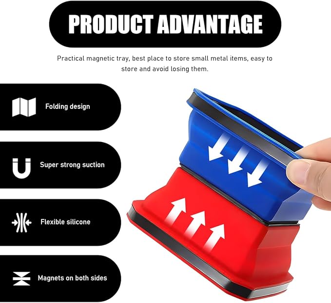 2PCS Collapsible Magnetic Parts Tray, 4.5" Square Silicone Tool Tray with Double-Sided Magnetic Base, Foldable Bowls Small Metal Parts Holder for Screws Bolts Nuts Washers (Red+Blue)
