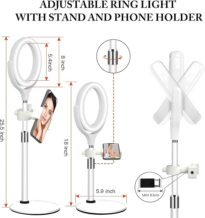 8 inch Desk Ring Light with Stand, Adjustable Zoom Lighting