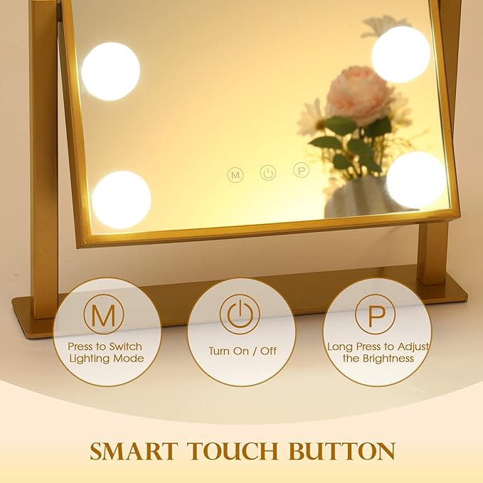 Vanity Mirror with Lights, Hollywood Mirror Lighted Makeup Mirror with 9 LED Bulbs, Touch Control Design 3 Colors Dimmable Bulbs Detachable 10X Magnification 360°Rotation(Gold)