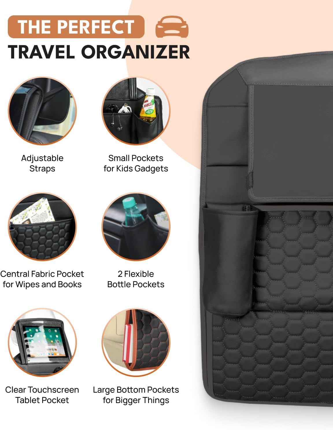 Owleys Back Seat Organizer for Kids with Tablet Holder, 8 Pockets, Black