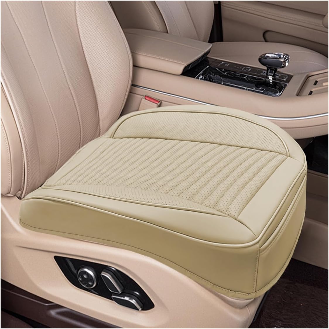 KPFILEH Car Front Bottom Seat Cover, Leather Anti-Slip Seat Cushion Pad with Storage Pocket, Breathable Full Wrapping Edge Seat Protector, Universal Auto Interior Accessories for Cars SUV Truck(Beige)