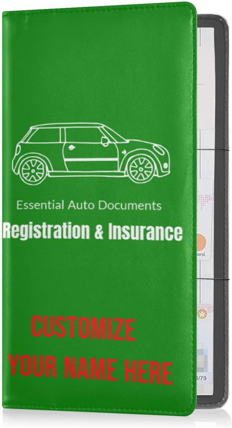 Custom Car Registration and Insurance Card Holder Personalized Leather Glove Box Organize Men Women Wallet Accessories Case for Cards, Essential Document Driver License Green