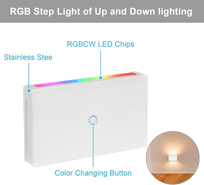 RGB Step Lights Indoor, 100V-277V Dimmable 2.5W, Wired LED RGB Color Changing Stair Night Lights for Bedroom/Step/Hallway/Aisle/Christmas/Halloween, Up Down, 10 Color, ETL, White, 1Pack