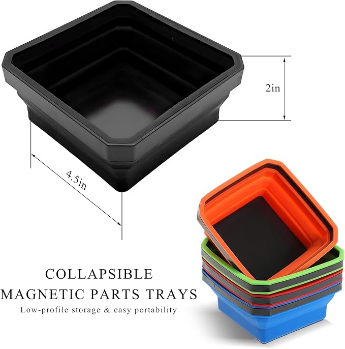 Collapsible Magnetic Parts Tray, 4.5" Square Silicone Tool Tray with Dual-Sided Magnetic Base, Foldable Small Metal Parts Organizer Storage Bowl for Screws Bolts Nuts Washers (Black)