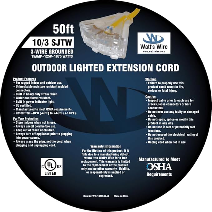 50 ft 10 Gauge Extension Cord - Outdoor Extension Cord Waterproof - Heavy Duty Outdoor Extension Cords 50 ft with Multiple Outlets - Watts Wire - 50' Grounded - extensiones electricas