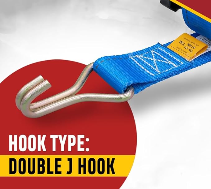 Mytee Products 2 Pack 1-1/2"x7' Blue Ladder Rack Ratchet Straps with J-Hook (Pair) - 500 lbs Square Tube Mount - Retractable Ratchet Tie Down Strap for Roof Rack