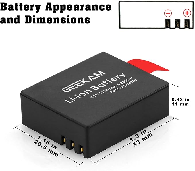 Action Camera Battery Pack, 1350mAh Rechargeable Battery