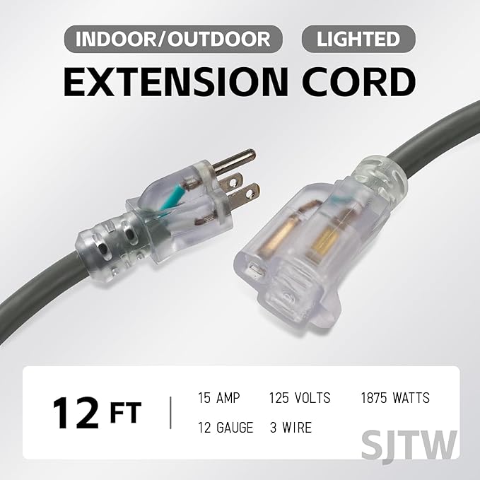 EP 12 Ft Lighted Outdoor Extension Cord - 12/3 SJTW Heavy Duty Grey Extension Cable with 3 Prong Grounded Plug - Power Cord for Lawn, Garden, Appliances