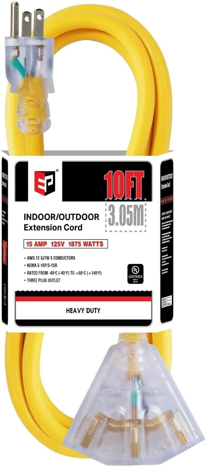 EP 10 Ft 12 Gauge Heavy Duty Extension Cord, 15A 125V 1875W, 3 Outlet Indoor/Outdoor Power Cord with Lighted End, 12/3 SJTW Weatherproof Yellow
