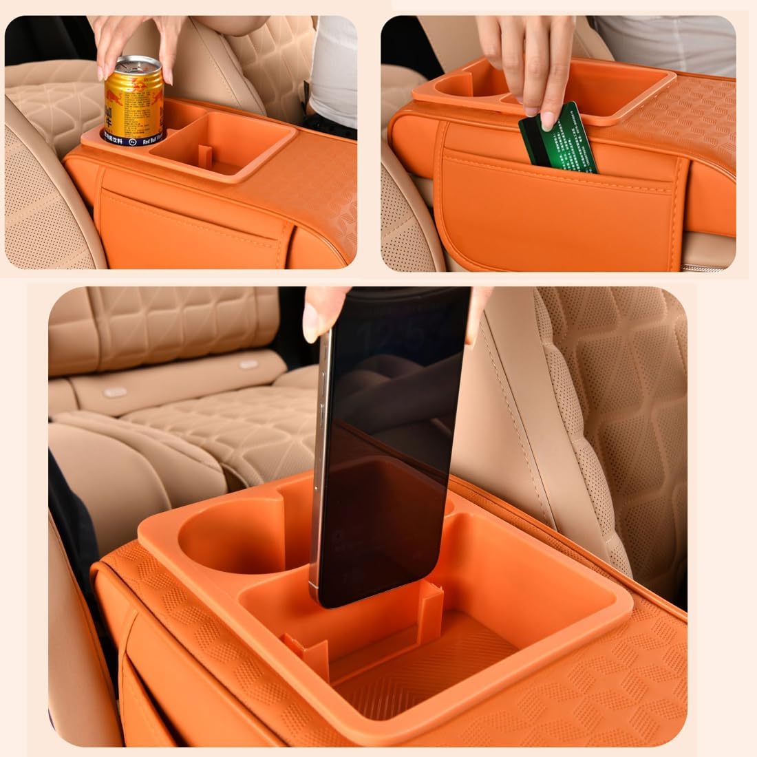 Car Center Console Cover, Auto Car Armrest Cushion 5-in-1 with Cup Holder, Tissue Box Slot, Phone Slot for Vehicle, Car Accessories Interior Storage Organizers (Grey)