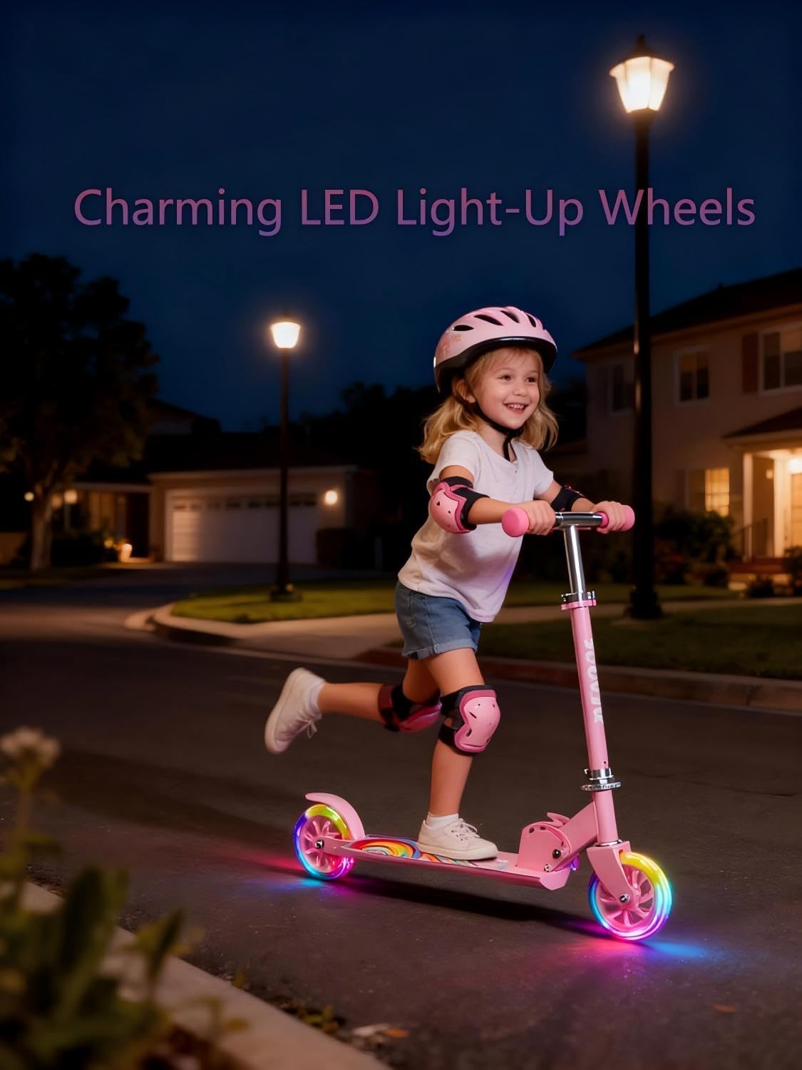 Skiennix Kids Kick Scooter - Adjustable 3-Level Height, LED Light-Up, Lightweight Foldable - Girly Pink