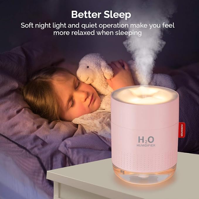 Portable Mini Cool Mist Humidifier, 500ml USB Personal Desktop Humidifier for Baby Bedroom, Travel, Office, Home - Auto Shut-Off, 2 Mist Modes, Super Quiet (Pink)