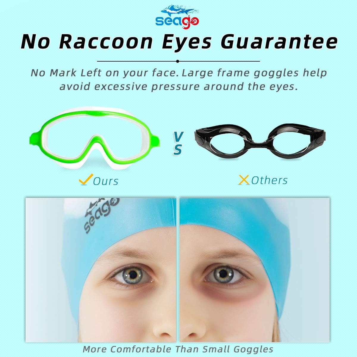 Seago Swim Goggles - Anti-Fog & Anti-UV Wide View Design | 2-Pack for Kids Ages 3-15