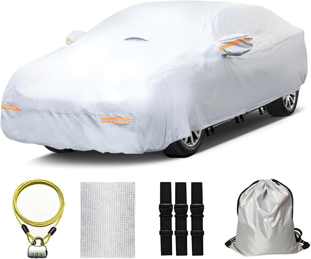 30 Layers Heavy Duty Car Cover for Automobiles All Weather Waterproof, Outdoor Snowproof UV Protection Windproof, Door Zipper, Soft Cotton Universal Car Covers (Silver, Fit Sedans 181"-190")