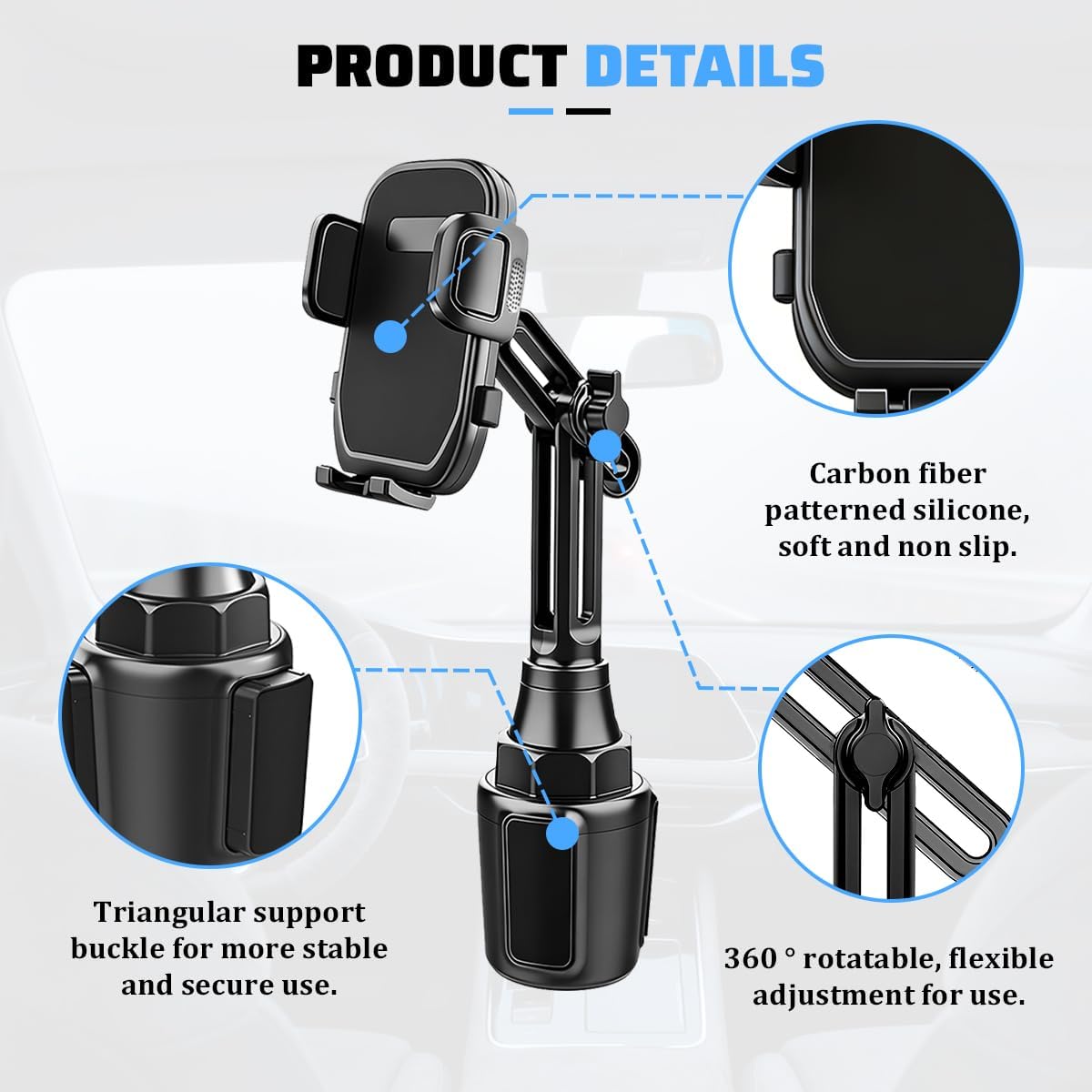 Car Cup Phone Holder, 360° Rotation Adjustable Vehicle Cup Cell Phone Mount with Expandable Base, Automotive Interior Smartphone Holder, Universal for SUV RV Truck