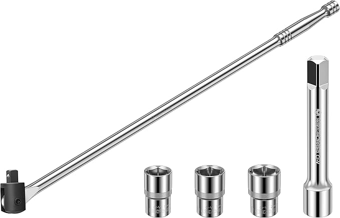 MAXPOWER 1/2-Inch Drive 24" Breaker Bar with 125mm Extension Bar, and 3- piece Sockets Including 17 mm, 19 mm, and 21 mm