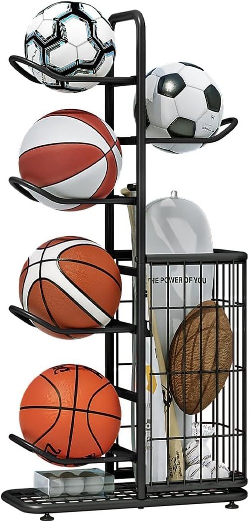 INGIORDAR Basketball Rack Organizer - 6-Tier Sports Equipment Storage Stand for Indoor/Outdoor Use | Black