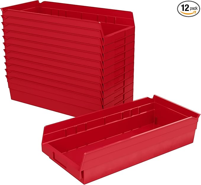 Akro-Mils 30158 Plastic Shelf Bins, Heavy Duty Storage Bins for Garage, Closet, and Drawer Organization, 18-Inch x 8-Inch x 4-Inch, Red, 12-Pack