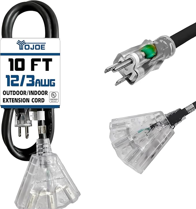 YOJOE 3-Outlets Indoor Outdoor Extension Cord with Lighted End, 3 Prong 15A Weatherproof Power Cord, 12 Gauge Heavy Duty 10 ft Black Extension Cord Multiple Outlets, 12/3 SJTW UL Listed