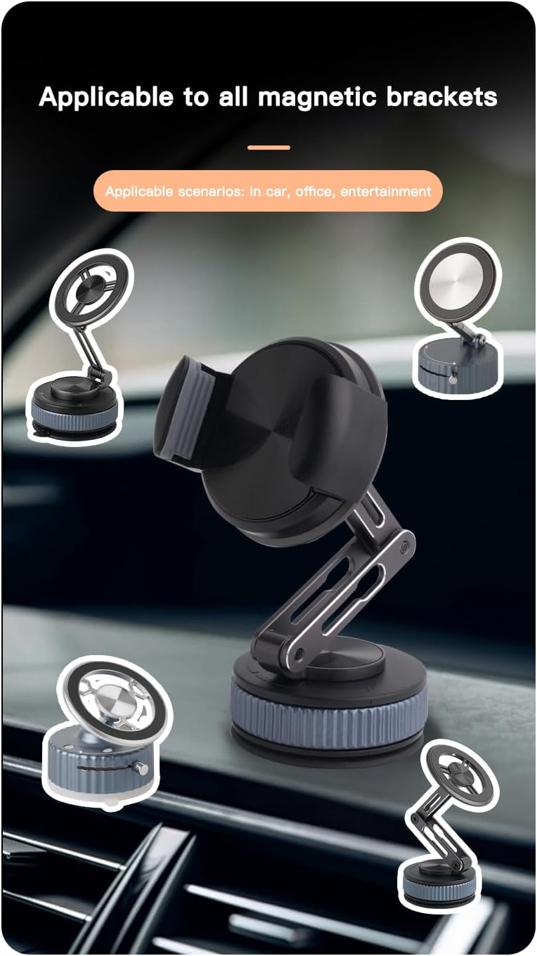[Newly Upgraded] Metal Magnetic Car Phone Holder | Dual Insurance of Vacuum + Adhesive | 360° Rotation Without Dead Angle | Magnetic Ring Included‌(for iPhone & Android) (Gray+Clip)