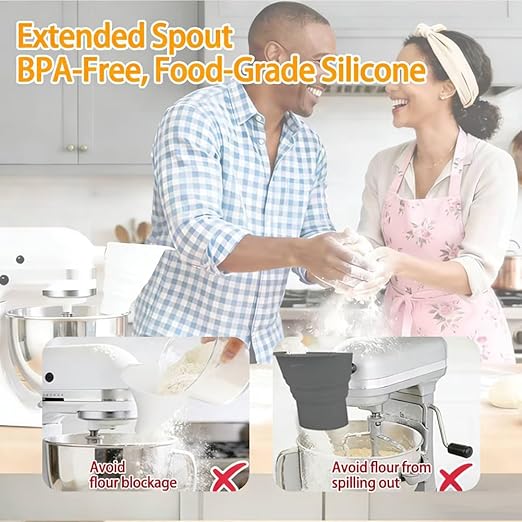 2026 Upgraded No-Mess Flour Funnel for KitchenAid Stand Mixer with Scoop and Cleaning Brush, Foldable Silicone Pouring Chute for 4.5-5 Qt Tilt-Head KSM150 Artisan, Splash-Proof Set, Dishwasher Safe