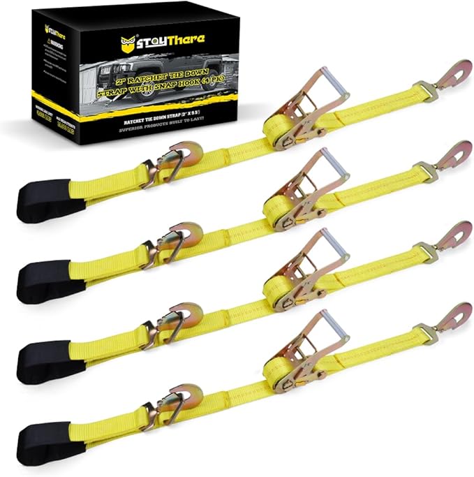 Stay There Axle Tie Down Combo Strap with Snap Hook Ratchet - 2 Inch x 114 Inch - 4 Pack - Classic Yellow - 10000lb Guaranteed Break Strength