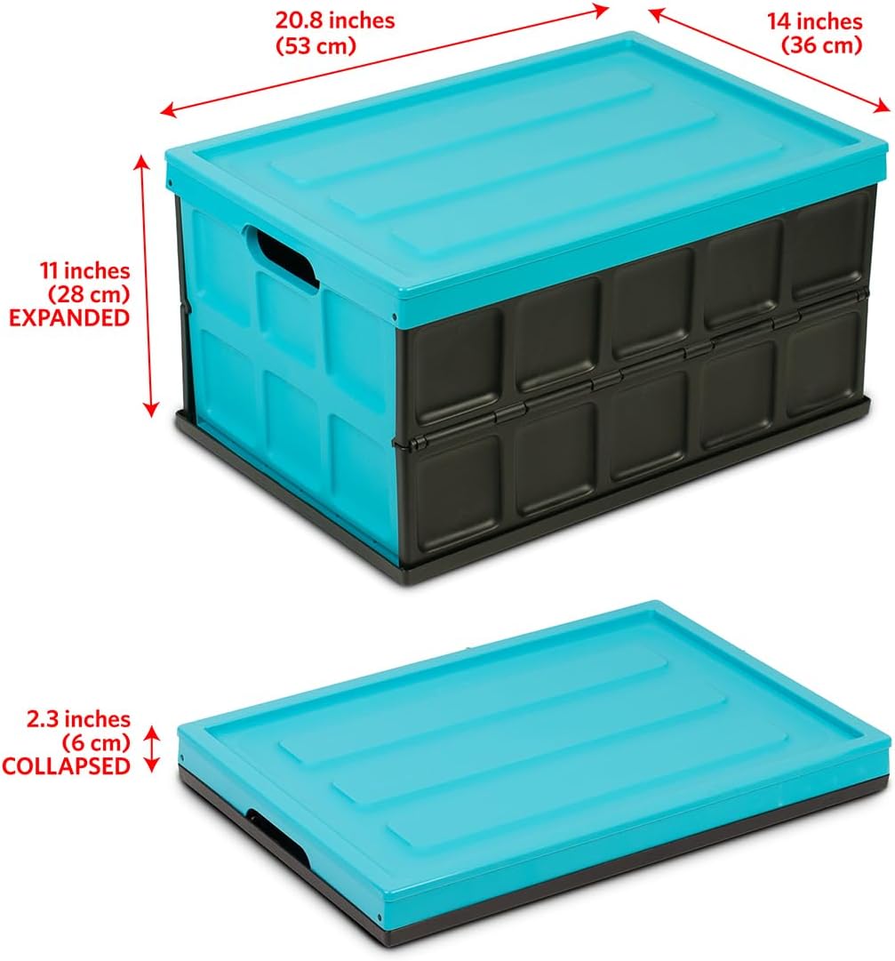Glad Collapsible Storage Bin with Lid - 48L Foldable Plastic Box for Garage, Car Trunk, and Organization - Stackable Lidded Container with Handles, Turquoise