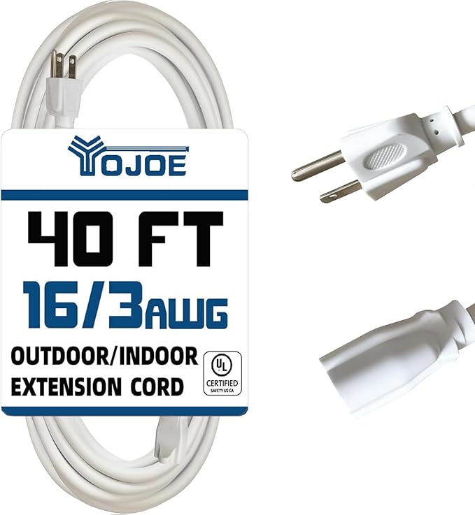 YOJOE Indoor Outdoor Extension Cord, 3 Prong 13A Weatherproof Power Cord, 16 Gauge Heavy Duty 40 ft White Extension Cord for Garage, Garden and Home, 16/3 SJTW UL Listed