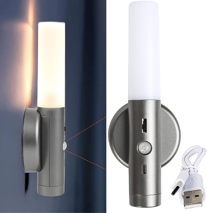 LED Battery Operated Wall Light with Motion Sensor Indoor Dimmable Wall Lampe Magnetic Lamp USB Rechargeable Wall Socnce Lighting Stick-On Night Lights for Entrance Hallway Staise (Grey,2 Packs) (