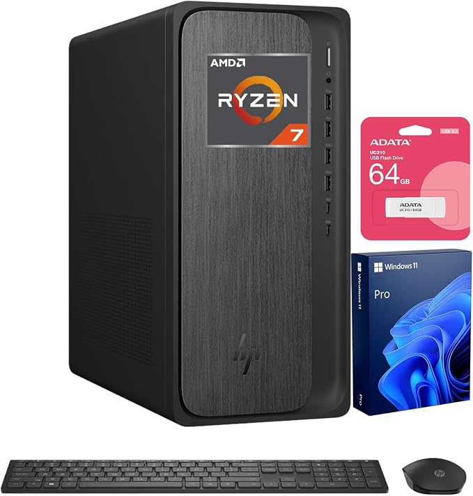 HP OmniDesk M02 Tower Desktop for Professionals, AMD Ryzen 7 8700G Performance for Productivity & Multitasking, 16GB DDR5 RAM, 1TB SSD, W11P, Wireless KB & M, Bundle with ADATA 64GB USB Flash Drive