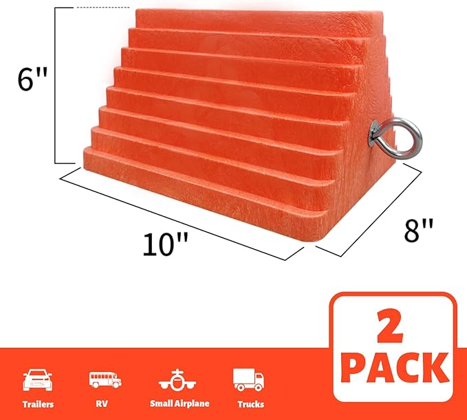ROBLOCK 2 Pack Wheel Chocks Heavy Duty Orange with Eyebolt for Travel Trailer, 10" Length x 8" Width x 5.7" Height