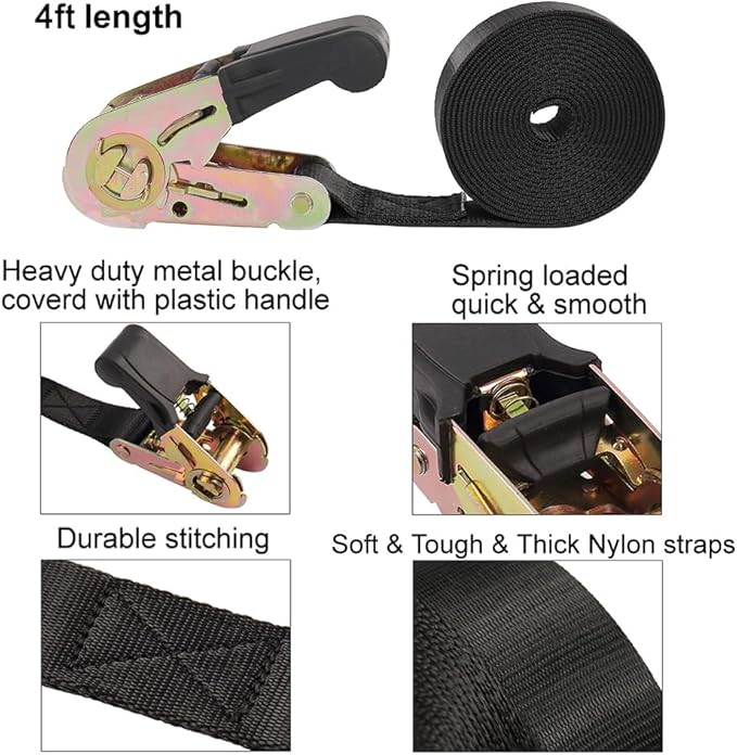 Endless Ratchet Tie Down Straps Heavy Duty Cargo Tie Downs,4FT Sturdy Nylon Black Strap Down Ratcheting Securing Straps, Track Spring Fittings, Tie-Down Motorcycles, Trailer Loads, Kayak