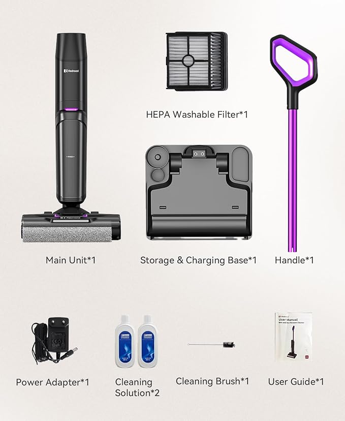 Redroad Wet Dry Vacuum Cleaner 16,000Pa,50Mins Runtime Cleaning Area 3,013 ft²,Cordless Vacuum Cleaner, Cordless Vacuum and Mop All in One,for Hard Floors Sticky Messes and Pet Hair,H15 Set