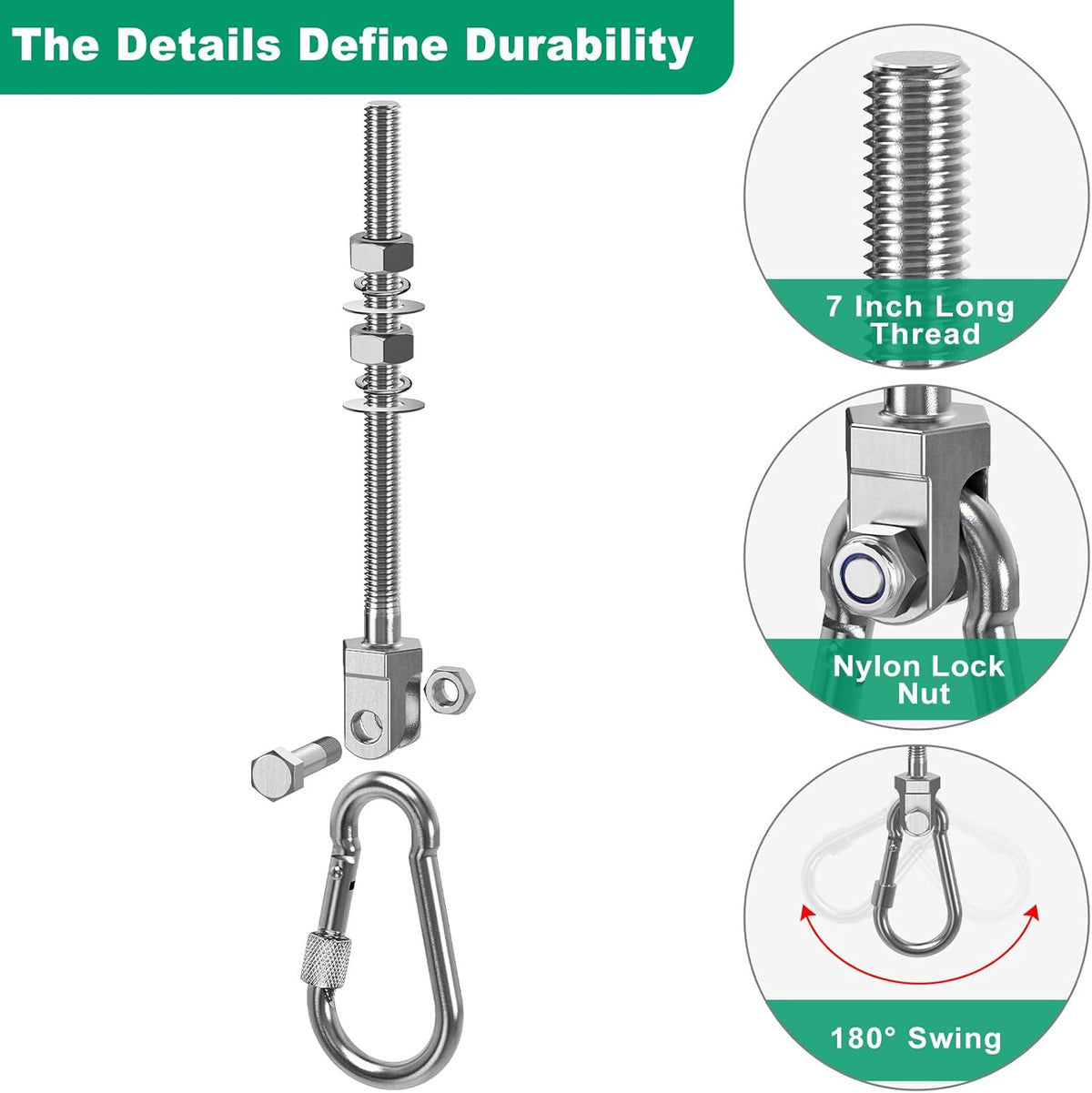 SELEWARE Heavy Duty Swing Hangers - 1500LB Capacity Stainless Steel Hooks for Wood/Steel Beams | 7" x M2/5" Porch Swing Hardware