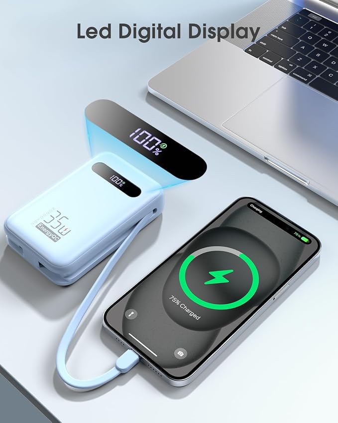 EnergyQC 20000mAh Portable Charger, 35W PD 3.0+QC 4.0 Fast Charging Power Bank with Built-in Lightning & USB-C in&Out Cables, Travel Battery Pack for iPhone 16/15/14/13, Samsung, iPad, Android, Blue