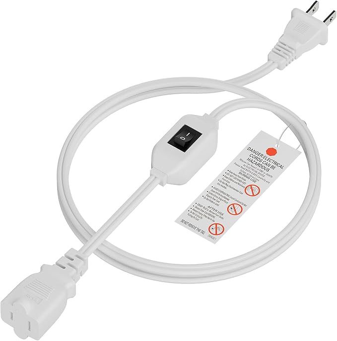 6FT On Off Switch Extension Cord, Plugrand 2-Prong Polarized Extension Cord with On-Off Inline Switch 12A 125V for Your Chargers/Lamp/Power Adapters Etc, 16AWG Cord White
