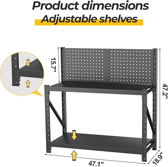 Work Bench with Pegboard,Heavy Duty Workbench Adjustable Shelves,Tool Cart,Work Table for Garage Warehouse47.2 H*47.09" W*19" D
