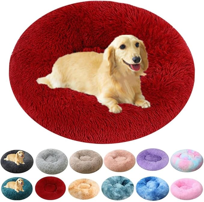 Large Calming Dog Bed, 47 Inch Anti-Anxiety Donut Dog Cuddler Cat Bed, Warming Cozy Soft Dogs Round Bed, Fluffy Faux Fur Machine Washable Pet Cushion for Medium Large Dogs & Cats (Red)