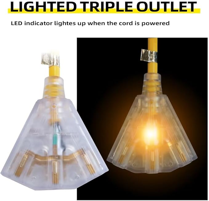 10 Ft Lighted Outdoor Extension Cord with 3 Electrical Power Outlets - 12/3 SJTW Heavy Duty Yellow Extension Cable with 3 Prong Grounded Plug for Safety, UL Listed