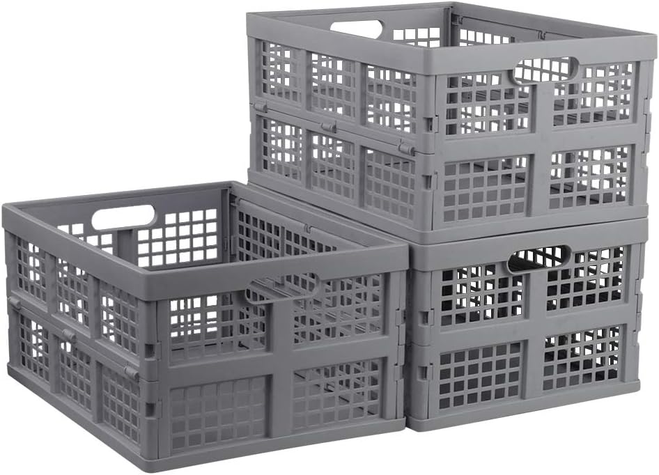 3 Packs 34L Plastic Folding Milk Storage Crate Bin, Grey