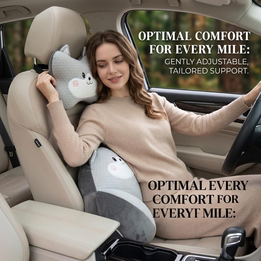 Car Neck Pillow and Lumbar Support Set, Cute Animal Soft Plush Ergonomic Back Cushion for Driving, Travel Seat Headrest Pillow(Set of 2) (Rabbit)