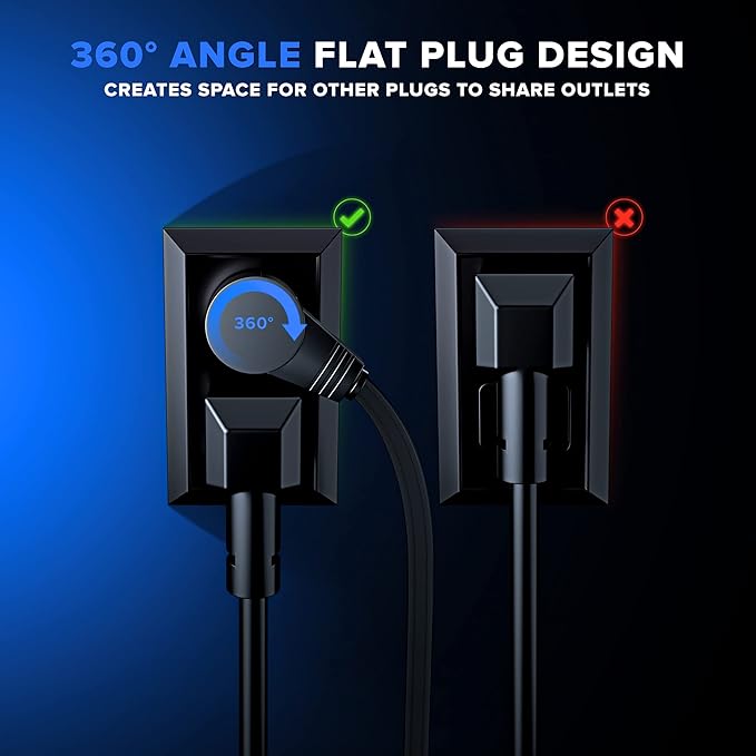 Maximm 360 Degree Rotating Flat Extension Cord 10 Ft Multi 3 Outlet Power Cord Grounded 16 AWG UL Certified, Black