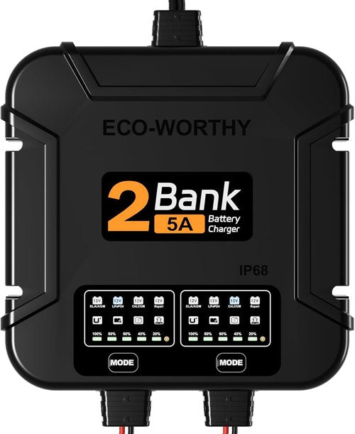 ECO-Worthy 2 Bank Marine Battery Charger - 10A Waterproof 12V Maintainer for Boat, RV & Car