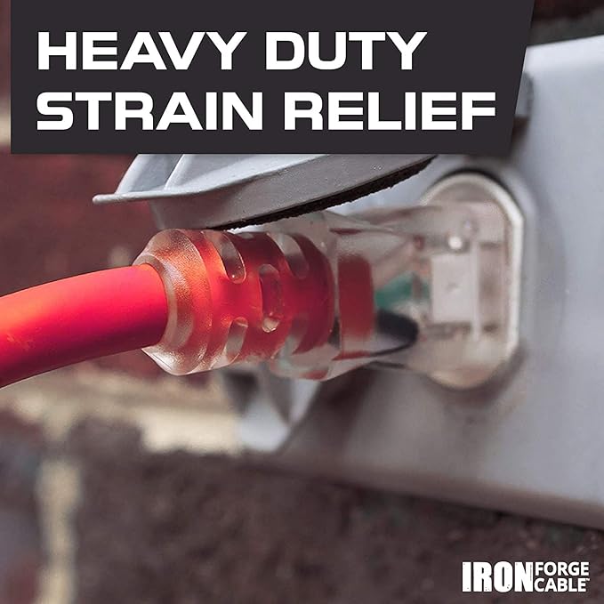 Iron Forge Cable Lighted Outdoor Extension Cord 100 ft - 14 Gauge 13 Amp Heavy Duty Power Extension Cords - SJTW - Great for Major Appliances, Power Tools, Garden Supplies - Red